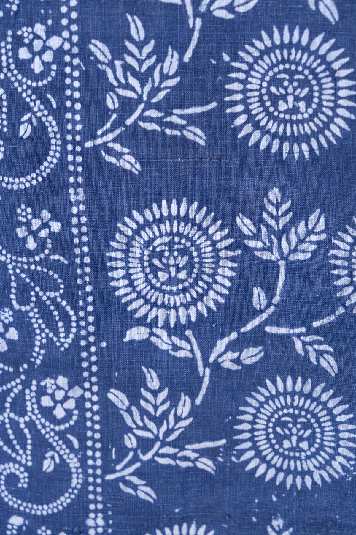 A close-up of a blue fabric with a white block-print floral and paisley pattern.