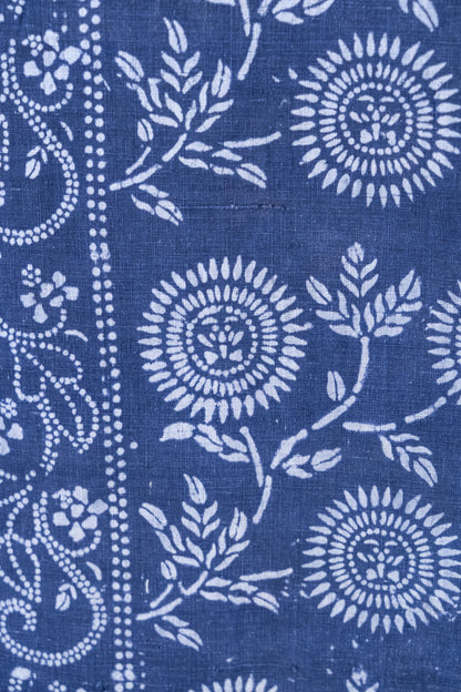 A close-up of a blue fabric with a white block-print floral and paisley pattern.