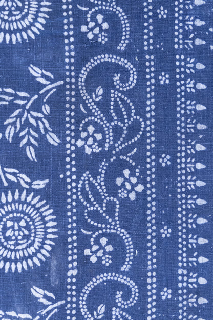 A close-up of indigo blue fabric with white hand-block printed patterns, featuring vertical bands of floral motifs, leaves, and dotted scrollwork.
