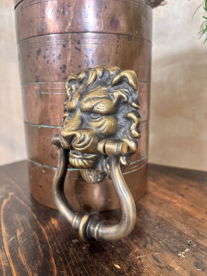 A decorative lion head door knocker in an antique brass finish.