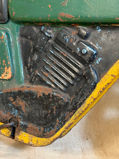Mobo pressed steel pedal Motorcycle with yellow and green distressed paint. 