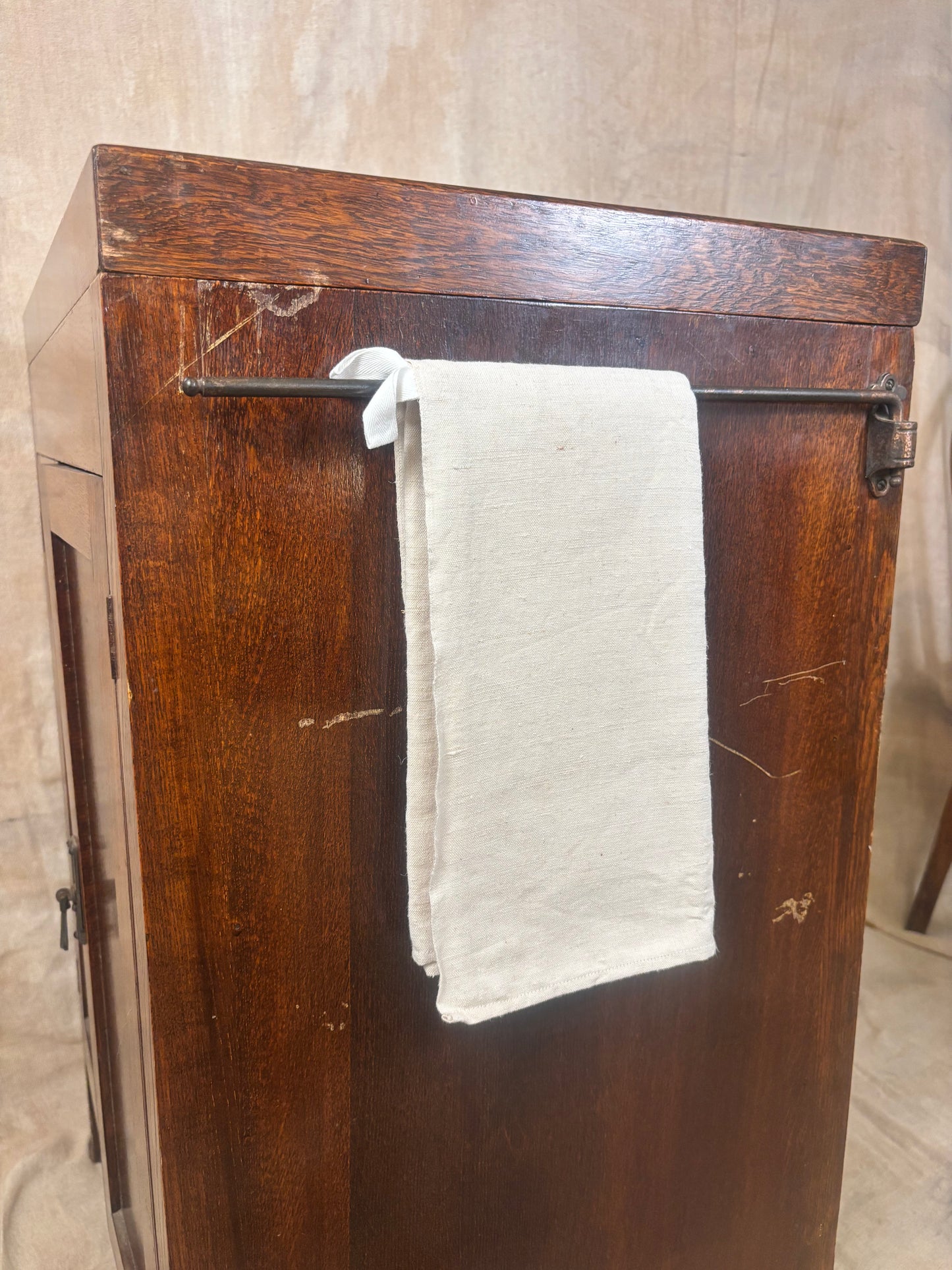 Antique Oak Lidded Washstand with Ceramic Sink and Mirror