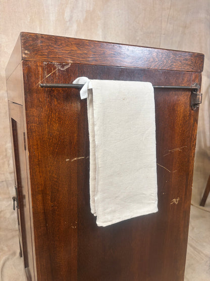 Antique Oak Lidded Washstand with Ceramic Sink and Mirror