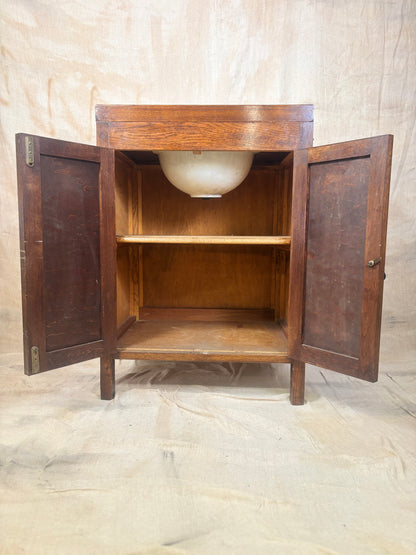Antique Oak Lidded Washstand with Ceramic Sink and Mirror