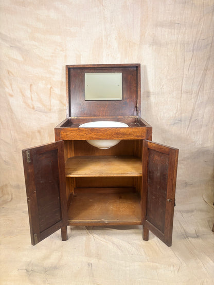 Antique Oak Lidded Washstand with Ceramic Sink and Mirror