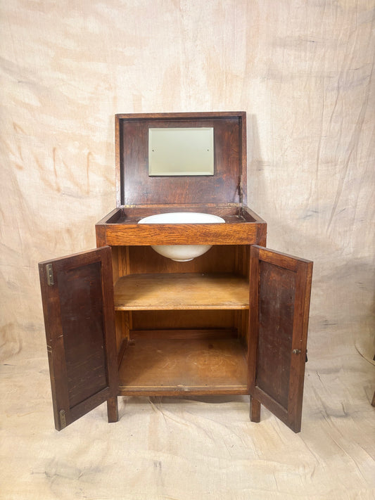 Antique Oak Lidded Washstand with Ceramic Sink and Mirror