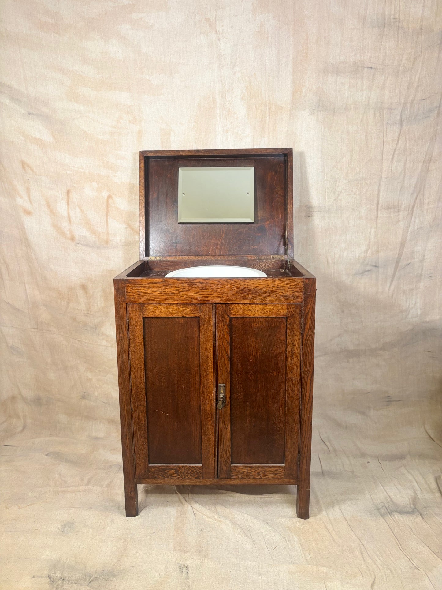 Antique Oak Lidded Washstand with Ceramic Sink and Mirror
