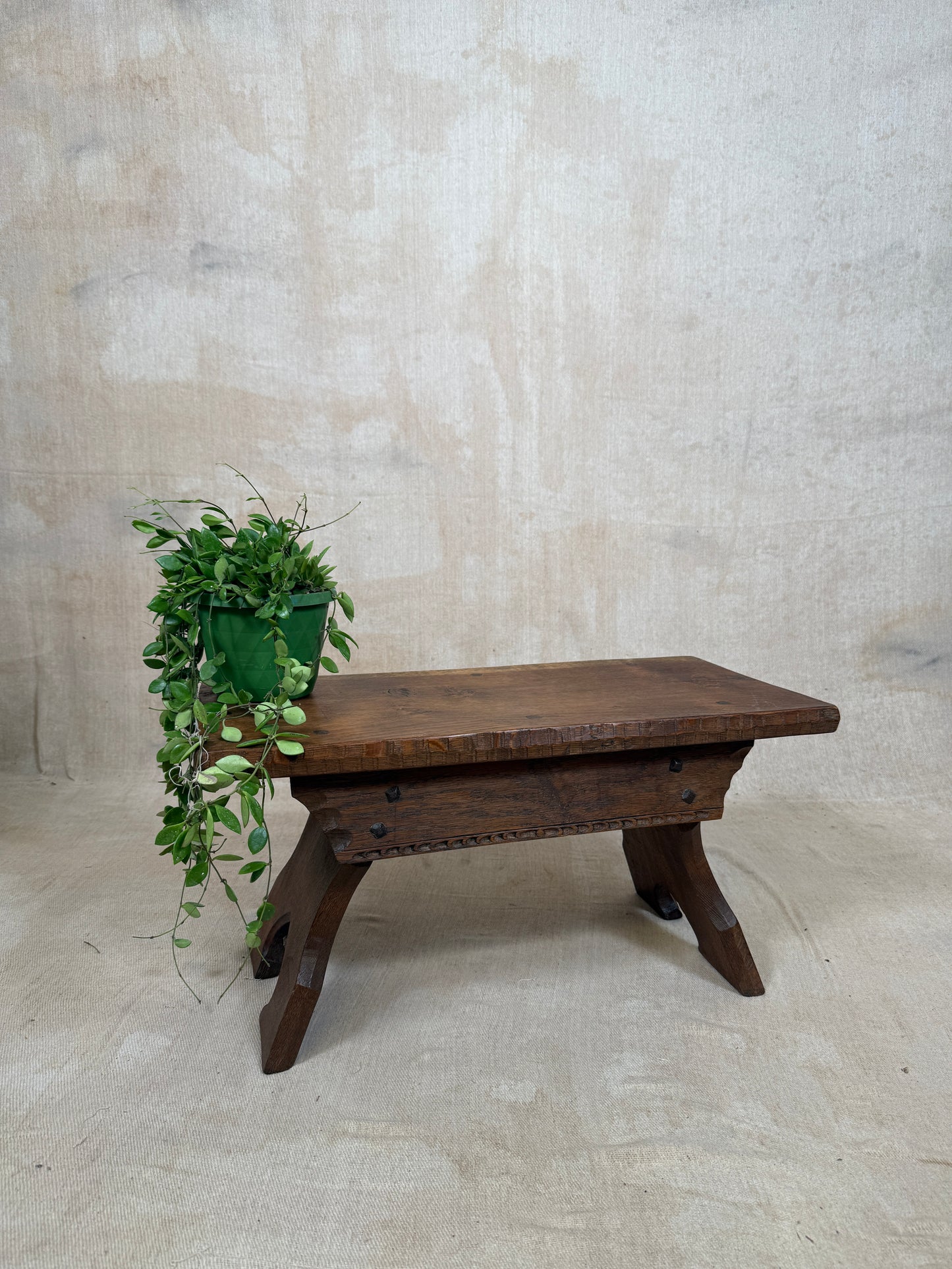 A rustic dark brown wooden bench with carved legs, styled with a green trailing plant in a green pot on top, set against a textured beige plaster wall and floor.