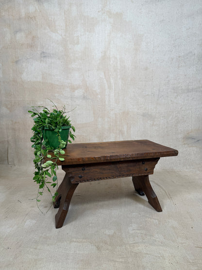 A rustic dark brown wooden bench with carved legs, styled with a green trailing plant in a green pot on top, set against a textured beige plaster wall and floor.