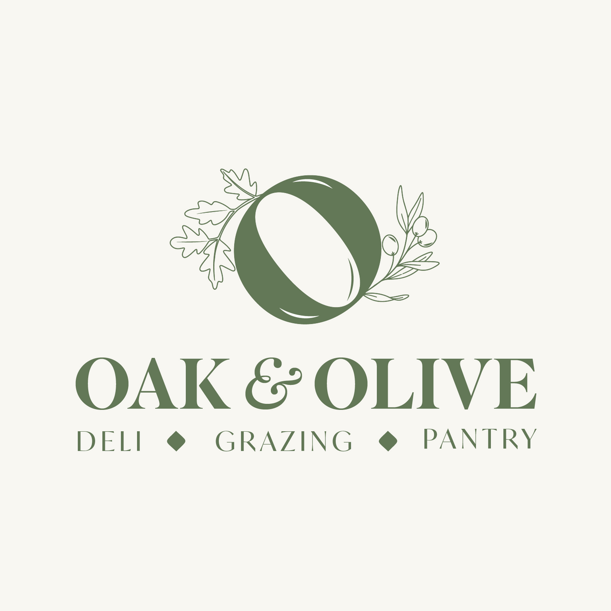 A centered green logo on a light warm gray background, featuring an olive-shaped emblem with leaf branches and the text 'OAK & OLIVE' and smaller lines 'DELI • GRAZING • PANTRY'.