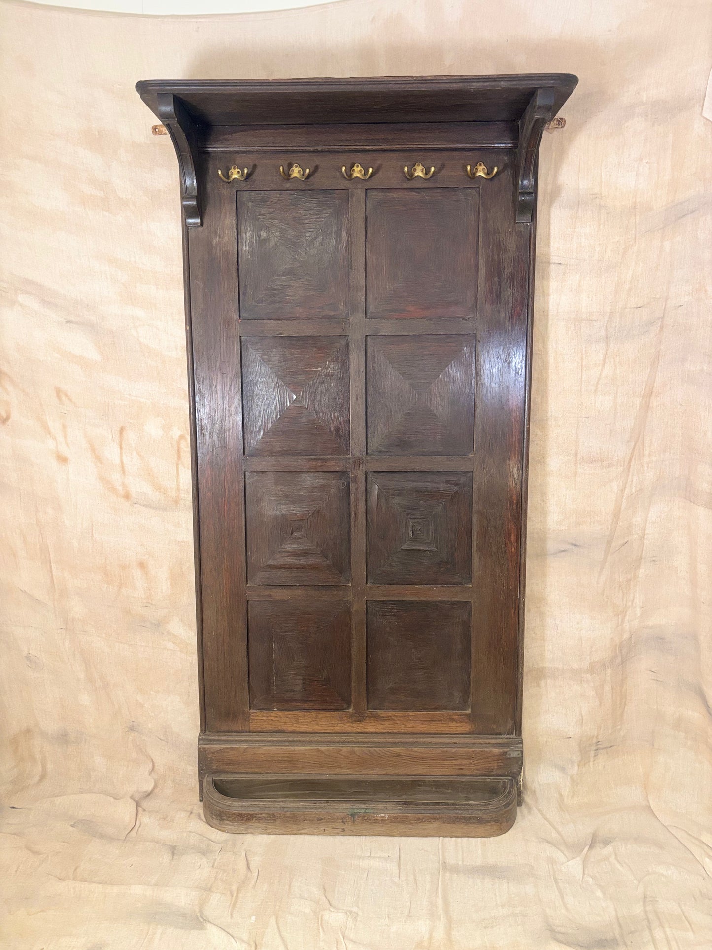 Antique Panelled Hall Stand with Brass Hooks and Umbrella Tray