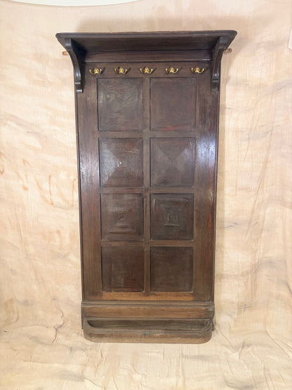 Antique Panelled Hall Stand with Brass Hooks and Umbrella Tray