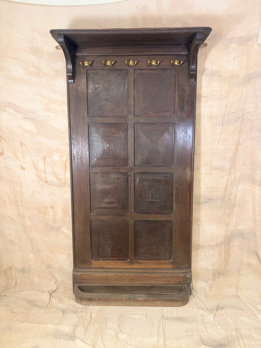 Antique Panelled Hall Stand with Brass Hooks and Umbrella Tray