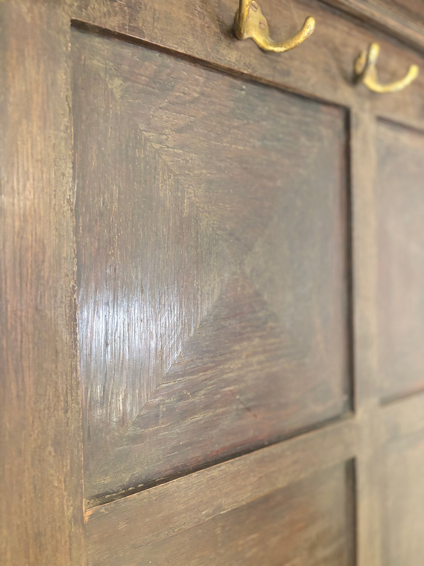 Antique Panelled Hall Stand with Brass Hooks and Umbrella Tray