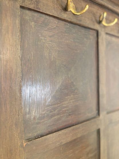 Antique Panelled Hall Stand with Brass Hooks and Umbrella Tray