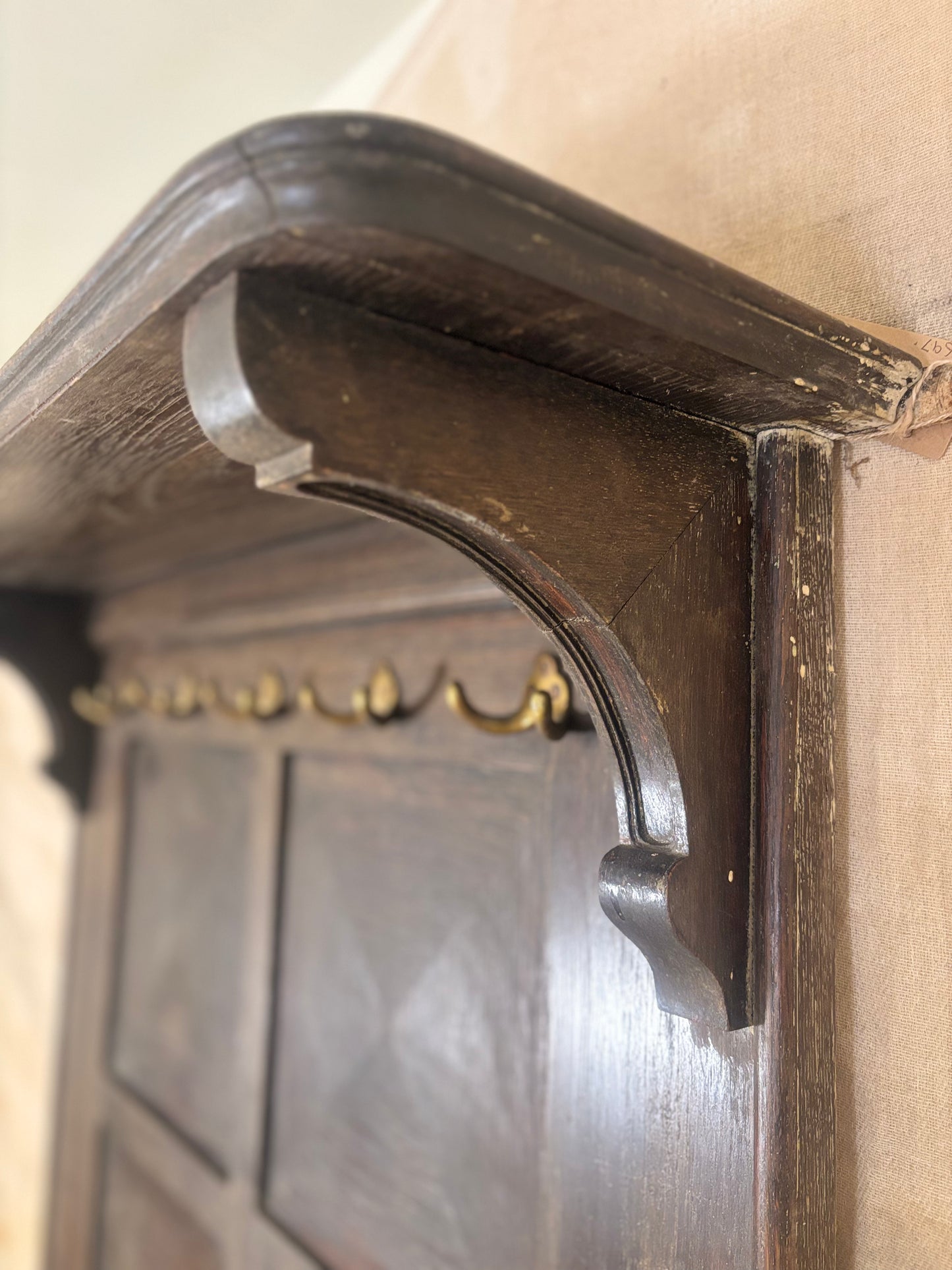 Antique Panelled Hall Stand with Brass Hooks and Umbrella Tray