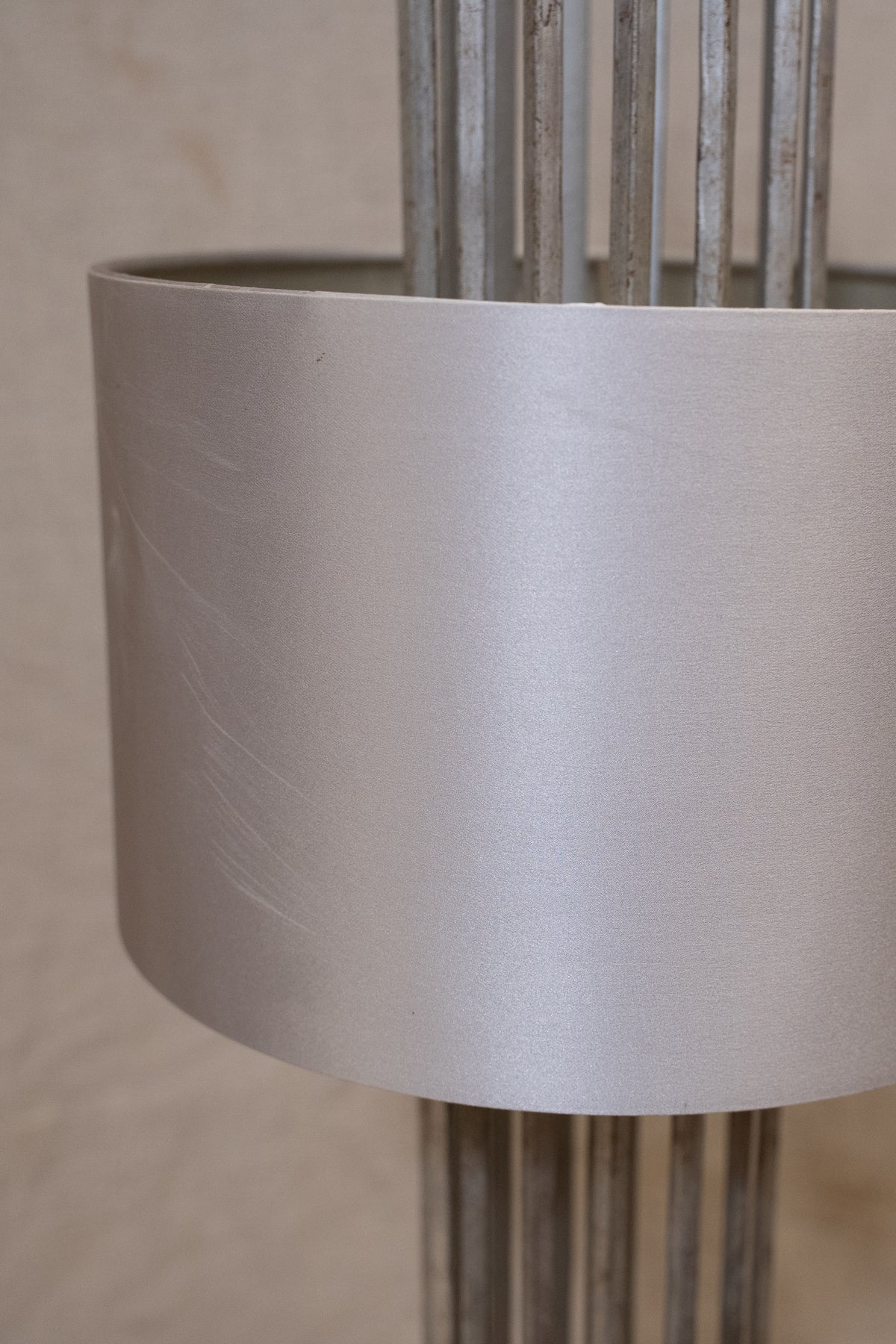 Pair of Porta Romana Flynn Caged Lamps in Decayed Silver, supplied with original cylinder shades. Used condition with minor shade creasing and surface scratches.