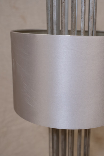 Pair of Porta Romana Flynn Caged Lamps in Decayed Silver, supplied with original cylinder shades. Used condition with minor shade creasing and surface scratches.