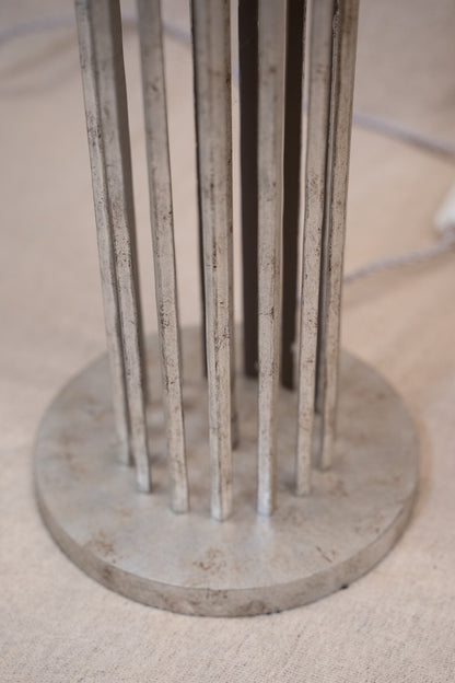 Pair of Porta Romana Flynn Caged Lamps in Decayed Silver, supplied with original cylinder shades. Used condition with minor shade creasing and surface scratches.