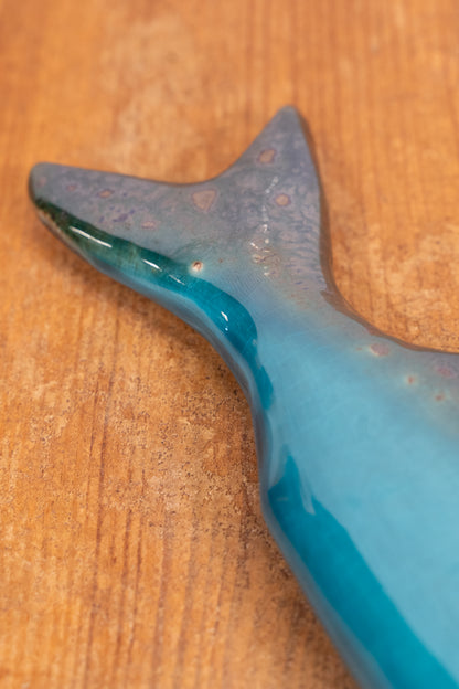 Hand-painted Portuguese ceramic sea bass wall decoration with unique surface details created using oxides and underglazes. Ideal for coastal interiors.