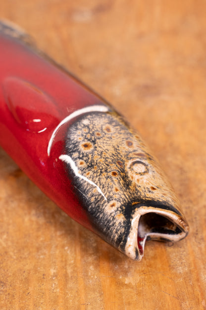 Hand-painted Portuguese ceramic sea bass wall decoration with unique surface details created using oxides and underglazes. Ideal for coastal interiors.