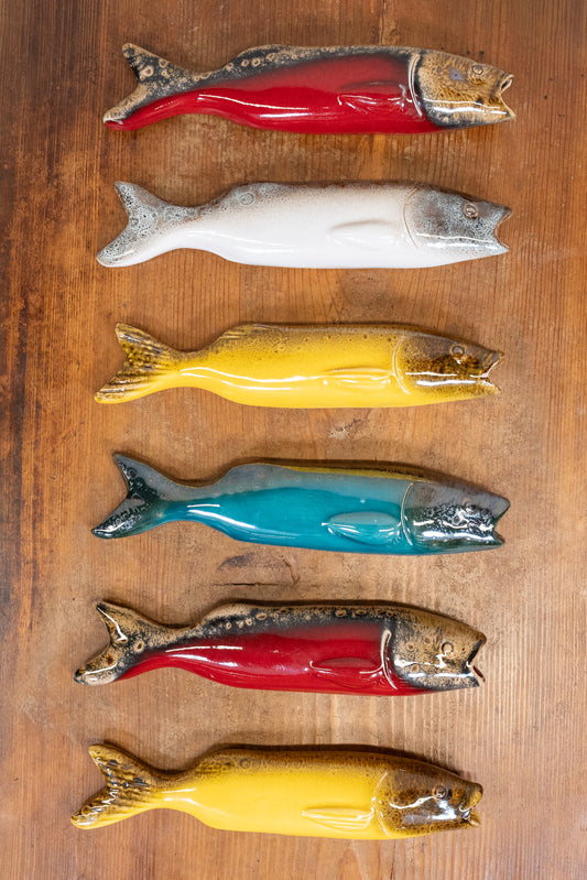 Hand-painted Portuguese ceramic sea bass wall decoration with unique surface details created using oxides and underglazes. Ideal for coastal interiors.