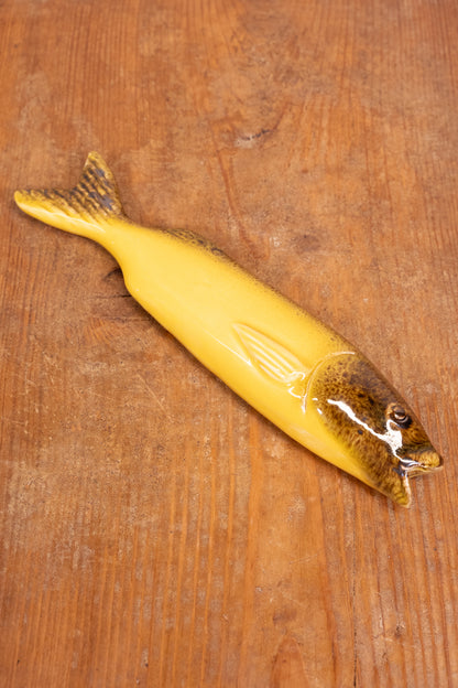 Hand-painted Portuguese ceramic sea bass wall decoration with unique surface details created using oxides and underglazes. Ideal for coastal interiors.