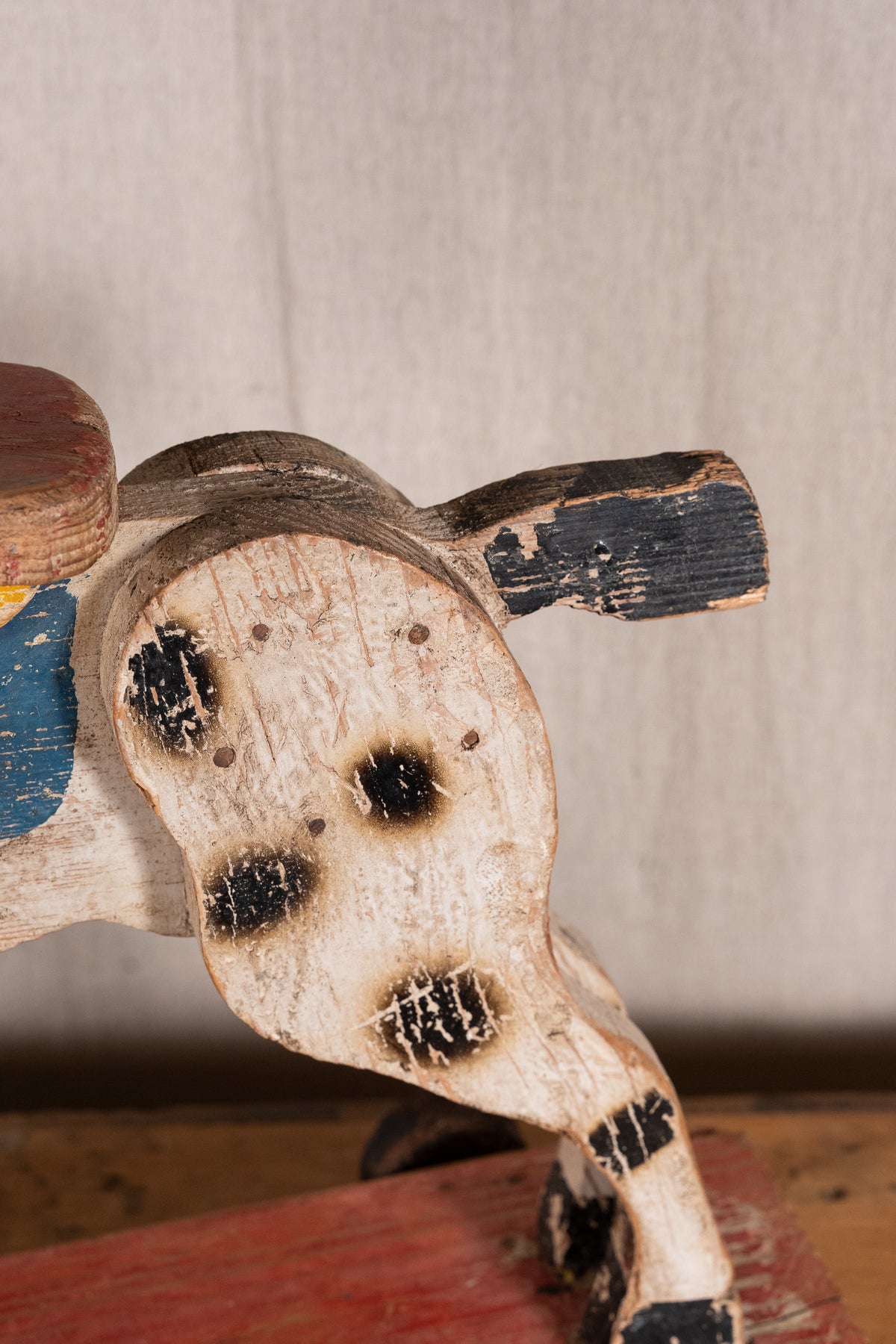 Vintage scratch-built wooden pull-along horse, possibly of French origin. A characterful folk-art toy for collectors or decorative display.