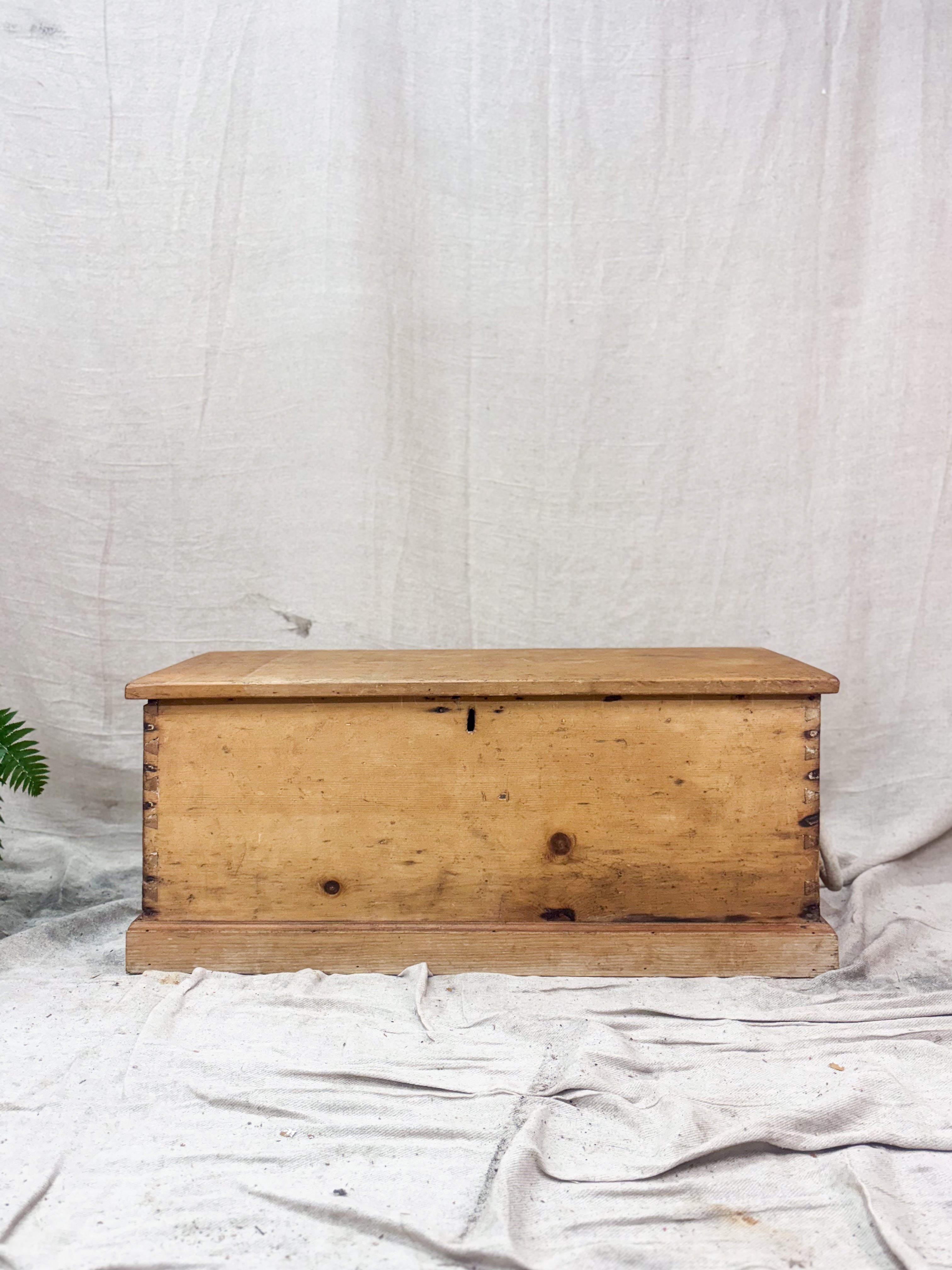 Wooden chest on a white fabric background