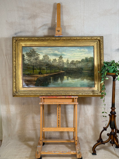 Signed H. Mann and dated 1897, this 19th-century oil painting depicts a tranquil park scene with a lone figure, set in an ornate gilt frame.