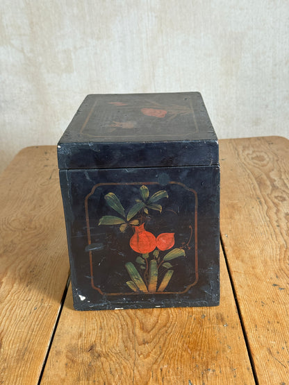 Chinoiserie Lacquered Wooden Storage Box with Hand-Painted Floral & Bird Decoration