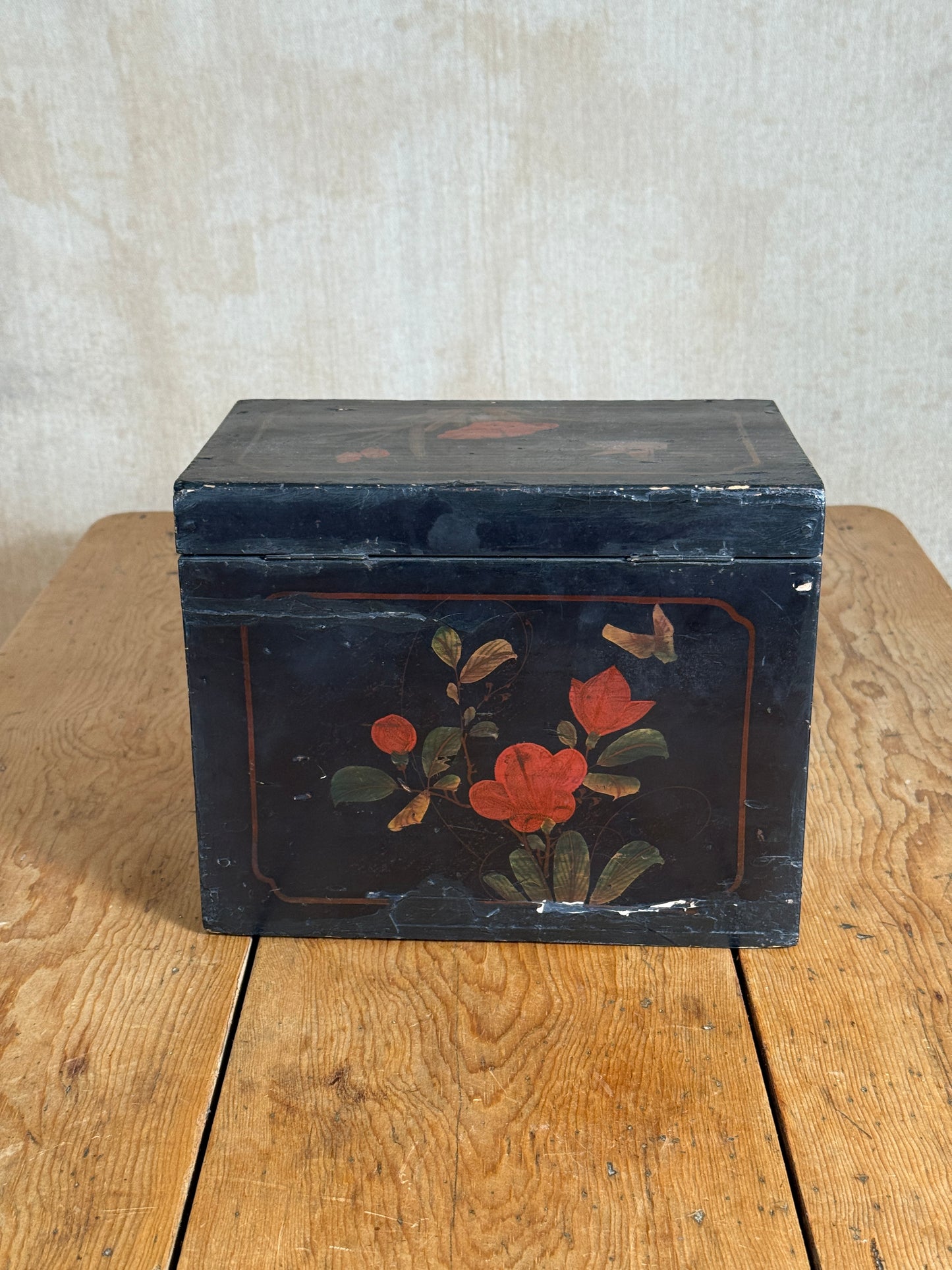 Chinoiserie Lacquered Wooden Storage Box with Hand-Painted Floral & Bird Decoration