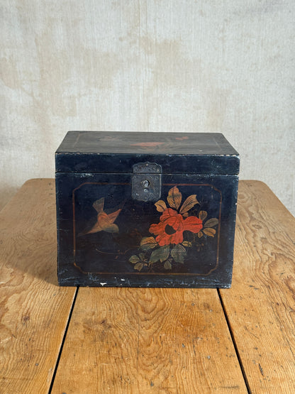 Chinoiserie Lacquered Wooden Storage Box with Hand-Painted Floral & Bird Decoration