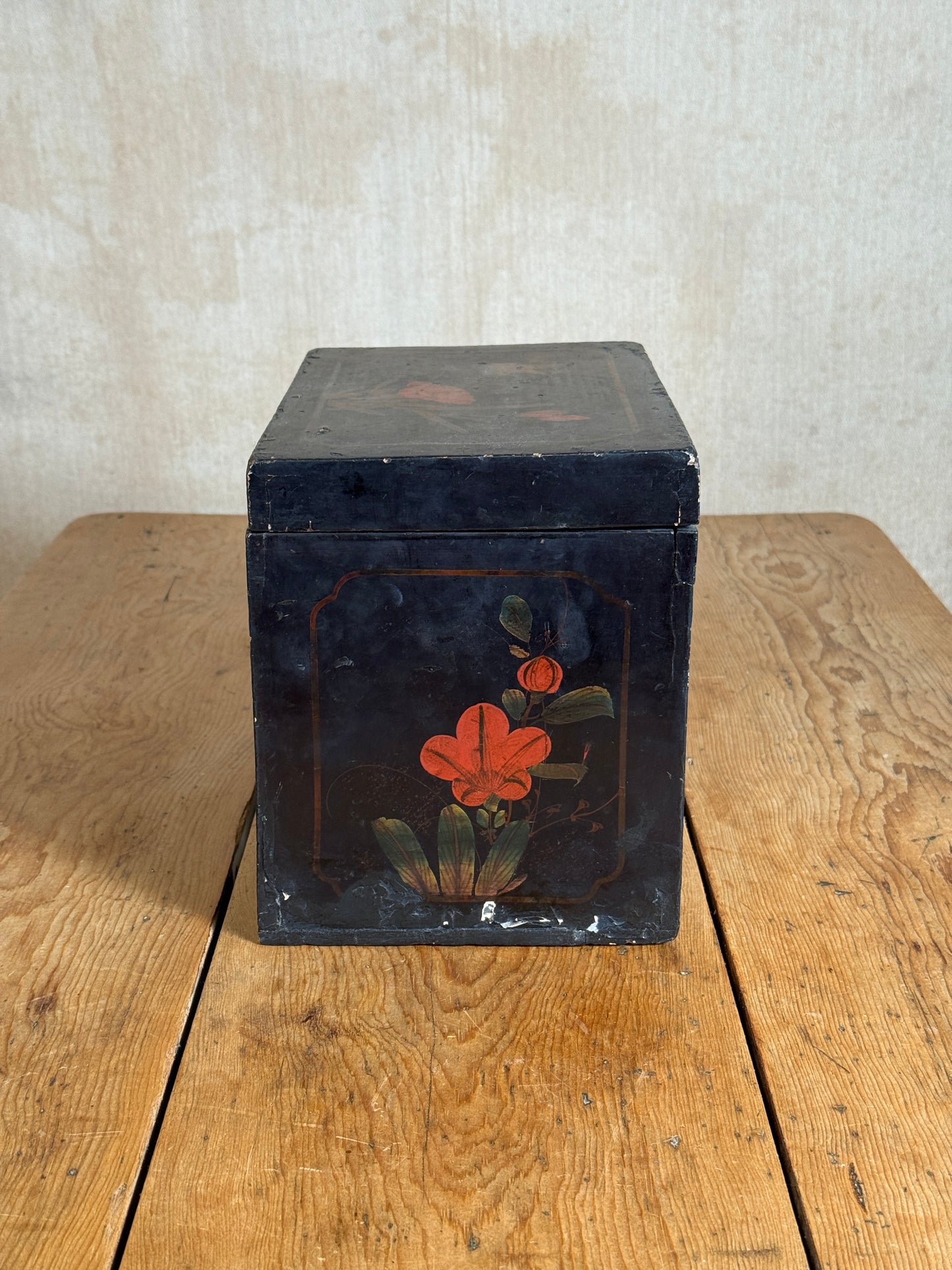 Chinoiserie Lacquered Wooden Storage Box with Hand-Painted Floral & Bird Decoration