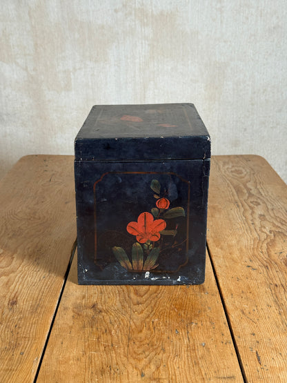 Chinoiserie Lacquered Wooden Storage Box with Hand-Painted Floral & Bird Decoration