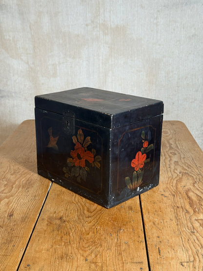Chinoiserie Lacquered Wooden Storage Box with Hand-Painted Floral & Bird Decoration