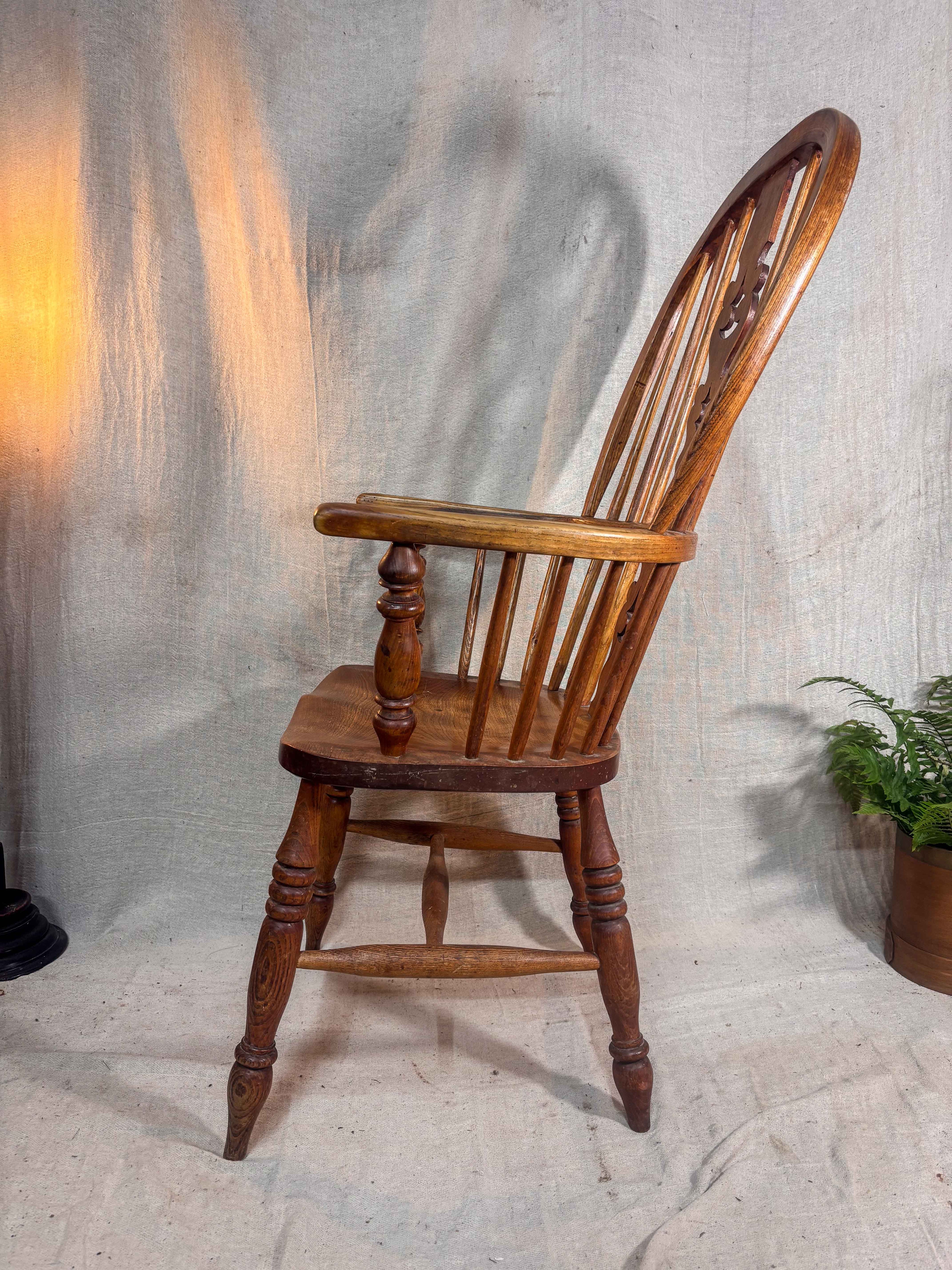 Wooden chair with a textured wall and plant in the background