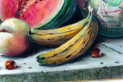 A close-up of a still life painting featuring yellow bananas, a pink watermelon slice, a peach, and small red cherries on a white surface.