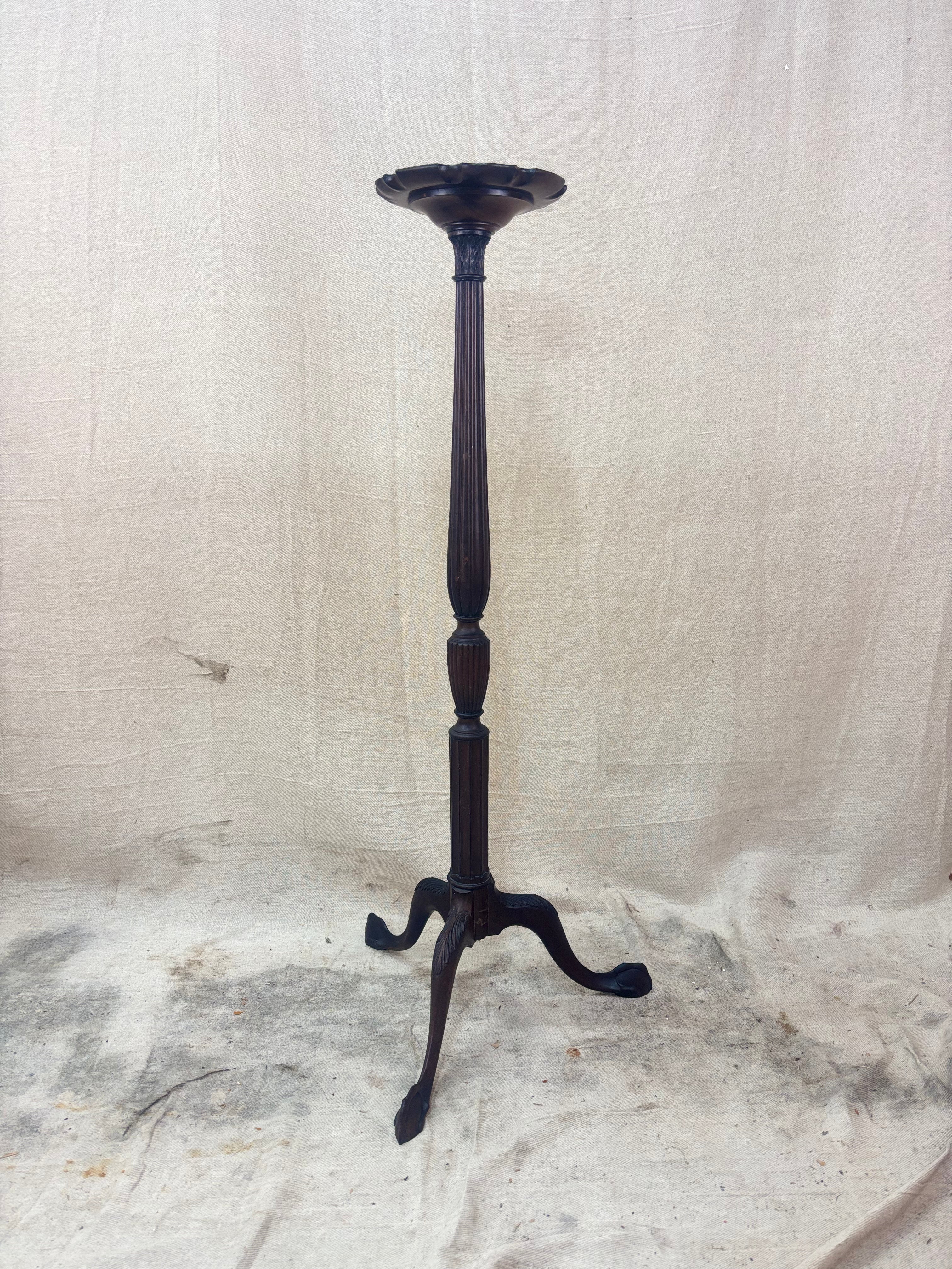 mahogany torchiere stand with plant against a plain wall