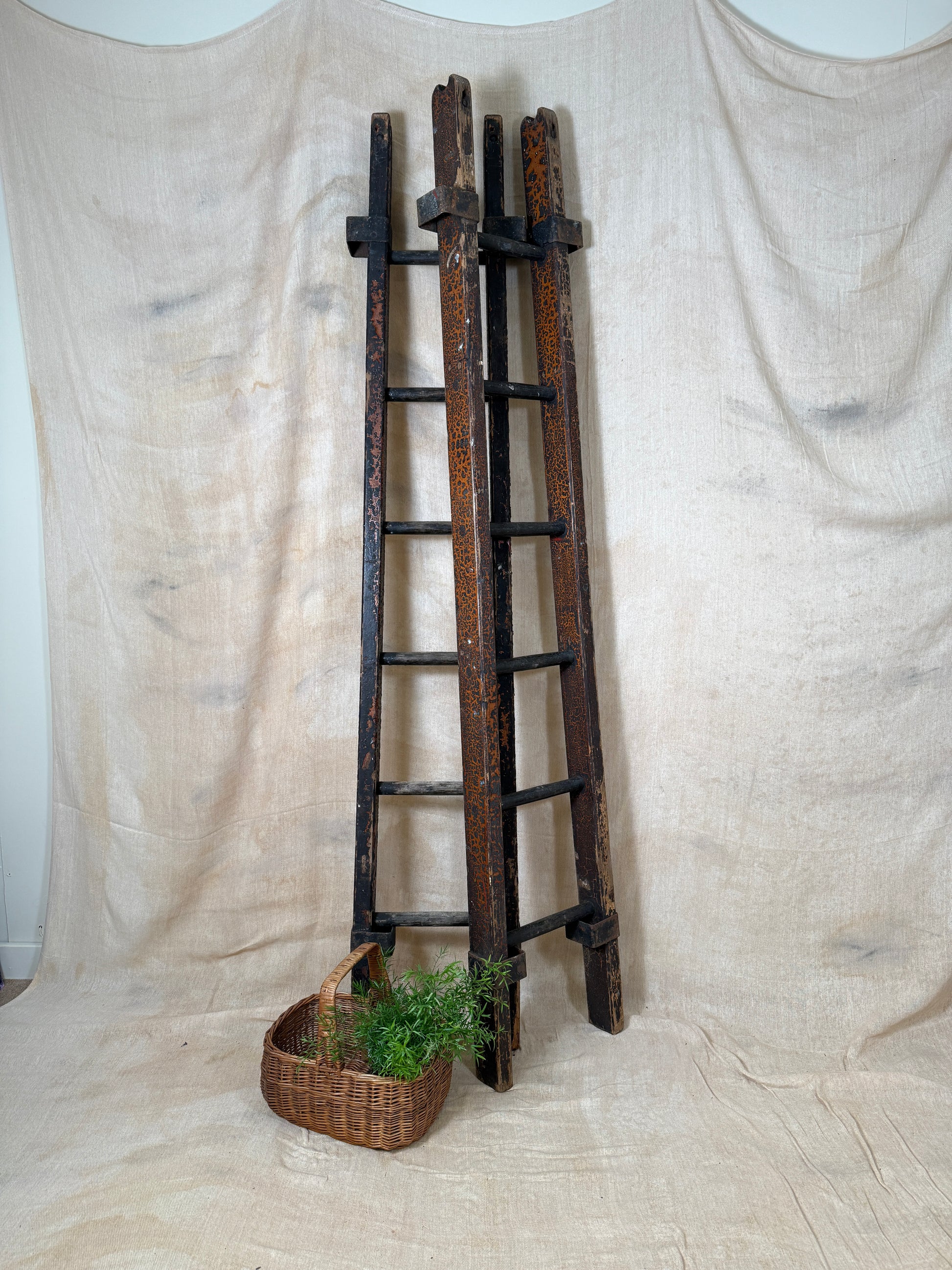 Pair of vintage wooden ladders with worn black paint