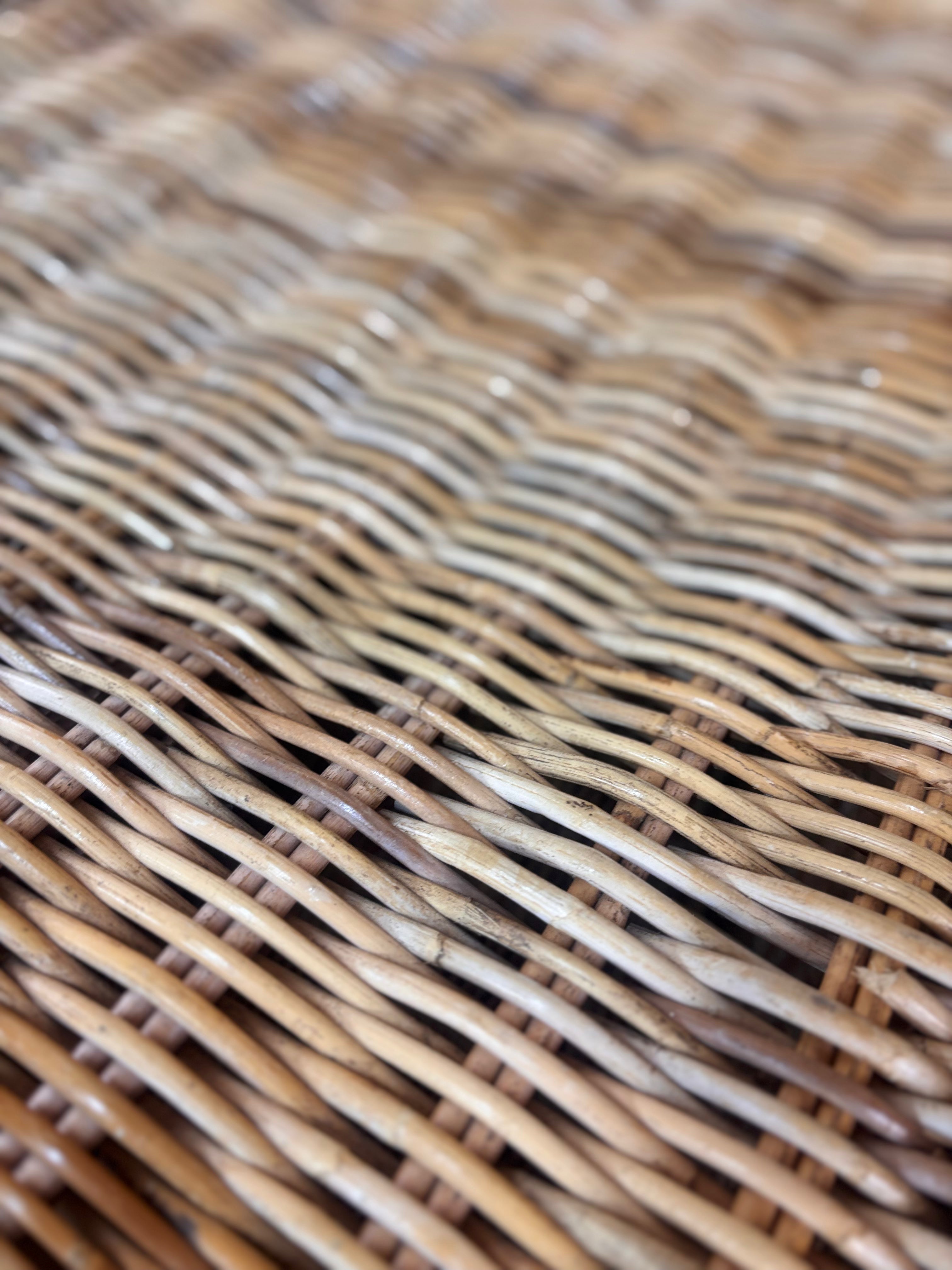 Large wicker storage basket with lid and rope banding, photographed against a neutral backdrop.