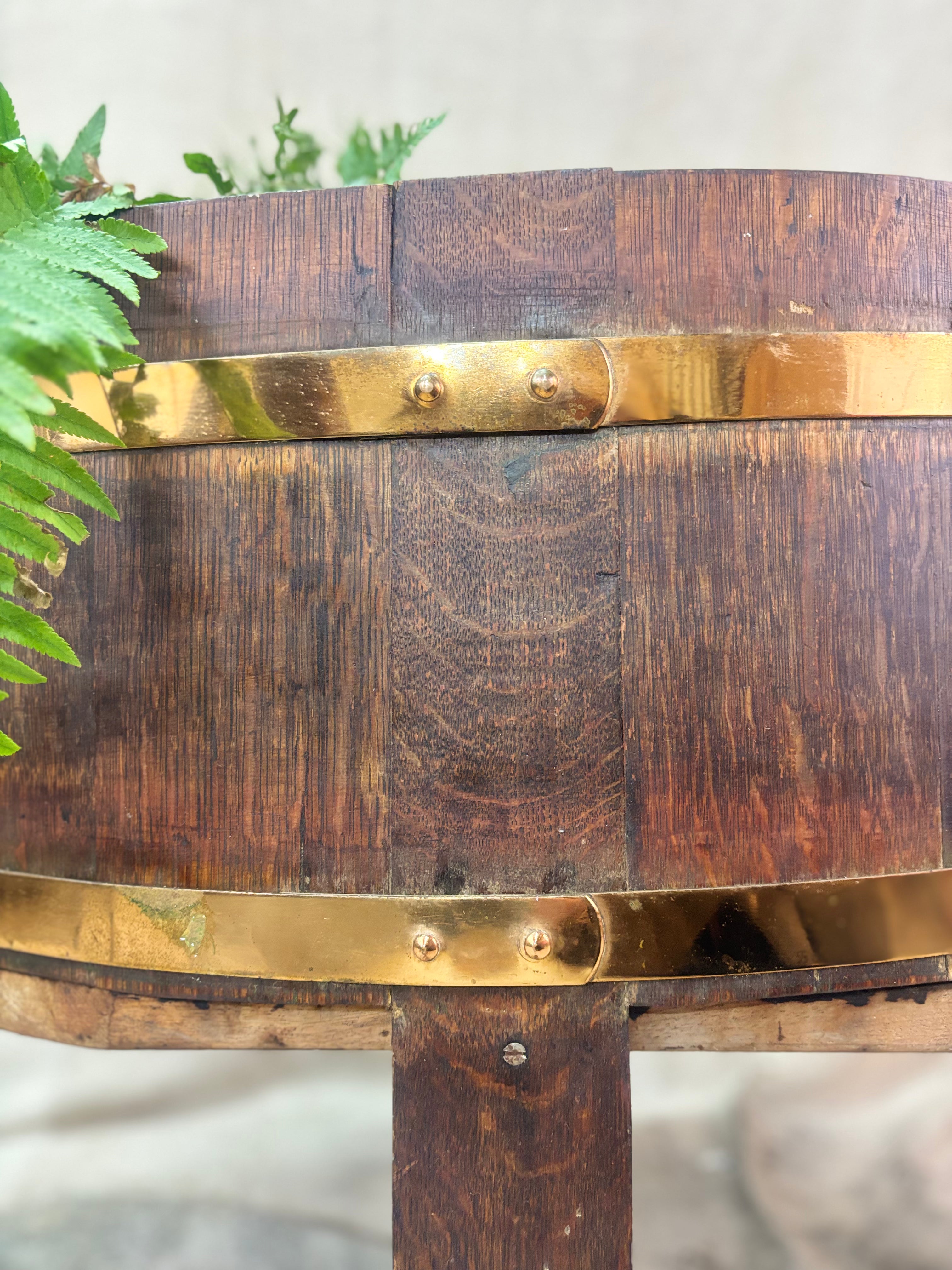 Wooden barrel with brass bands and green plants on a blurred background
