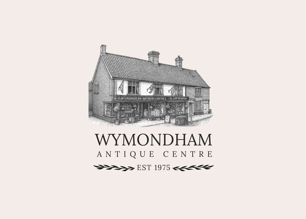 Logo of Wymondham Antique Centre with a building illustration on a beige background.