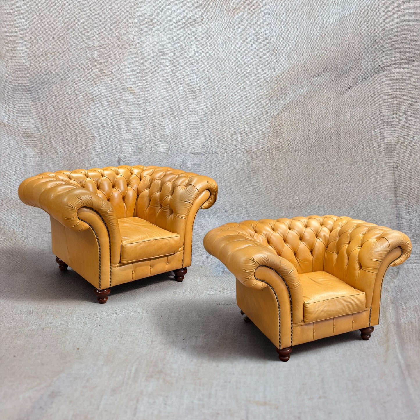 Mustard Yellow Leather Chesterfield Three Piece Suite