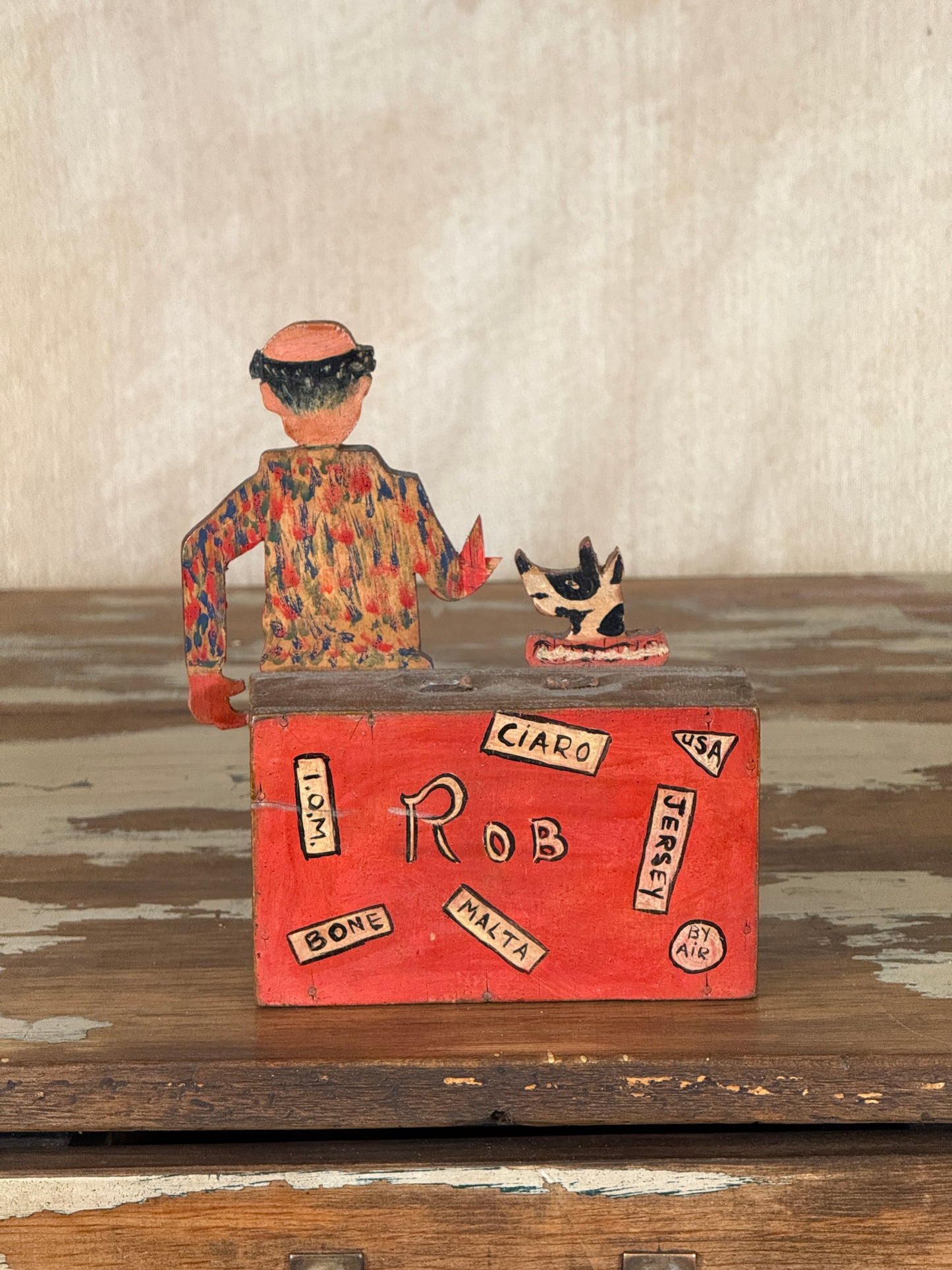 Hand-crafted folk art wooden clown money box