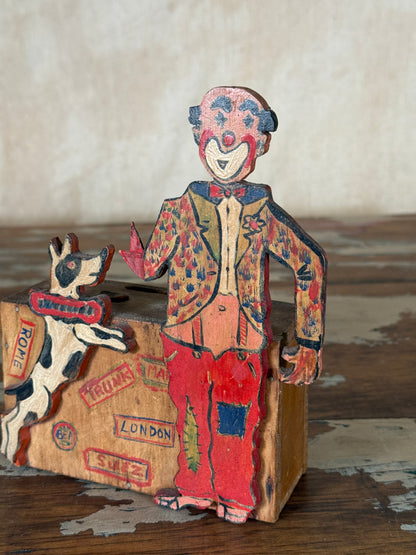 Hand-crafted folk art wooden clown money box
