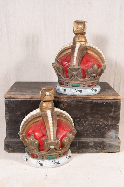 Pair of vintage King George VI coronation display crowns from 1937, featuring Tudor Crown details, simulated pearls and crimson caps.