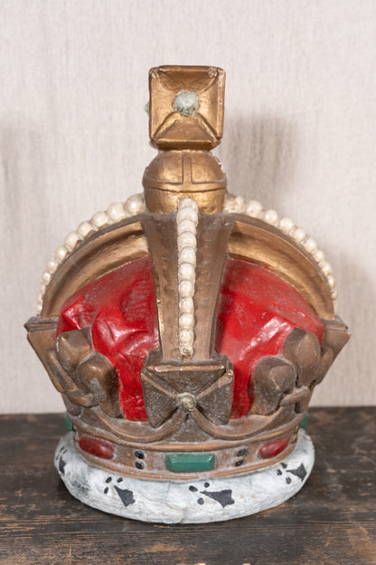 Pair of vintage King George VI coronation display crowns from 1937, featuring Tudor Crown details, simulated pearls and crimson caps.