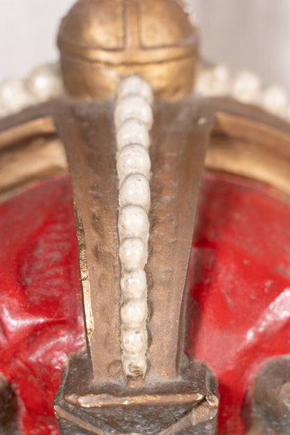 Pair of vintage King George VI coronation display crowns from 1937, featuring Tudor Crown details, simulated pearls and crimson caps.