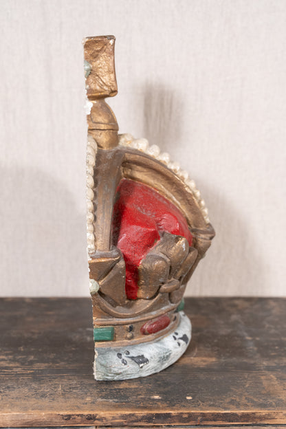 Pair of vintage King George VI coronation display crowns from 1937, featuring Tudor Crown details, simulated pearls and crimson caps.